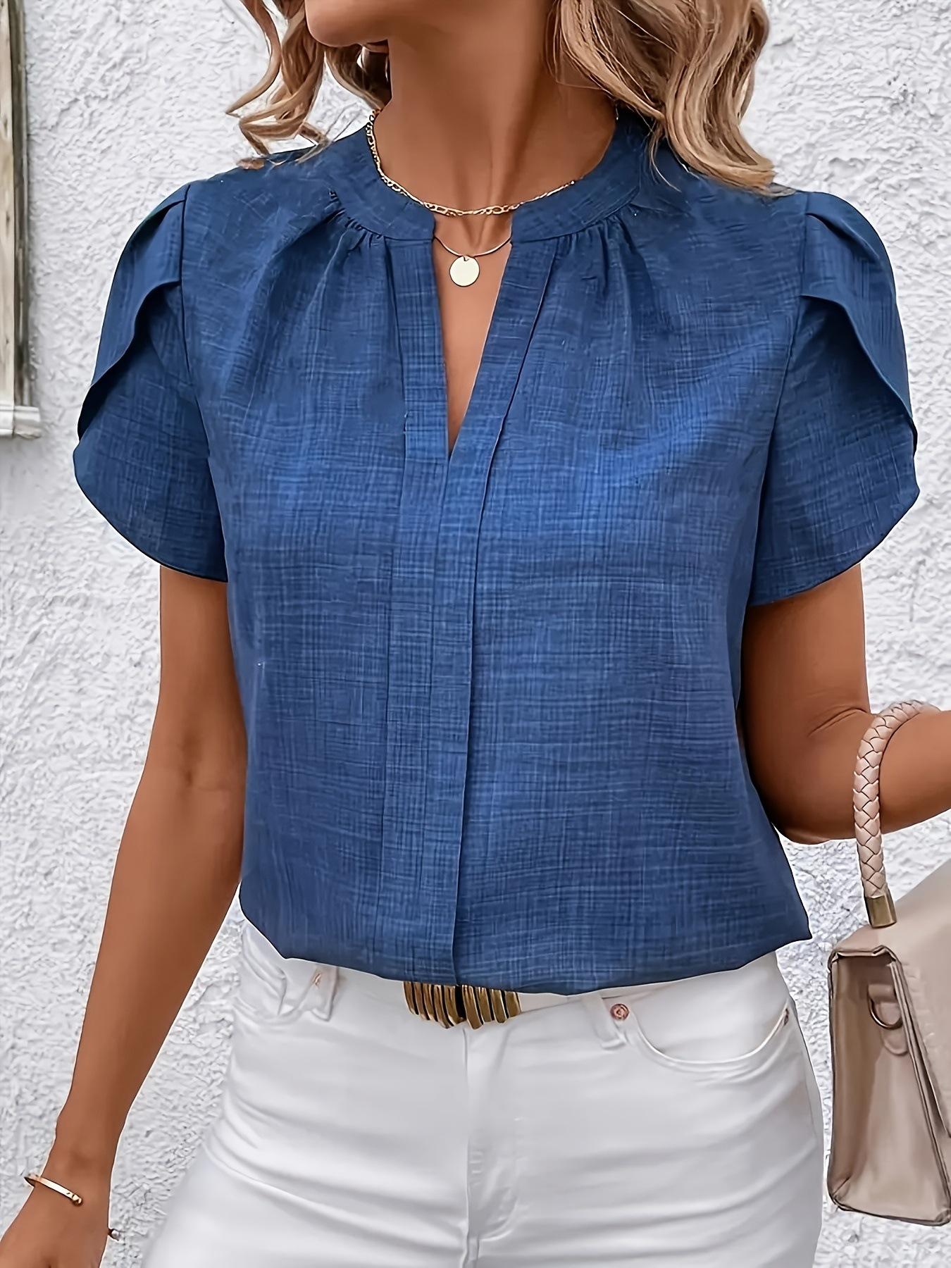 Elegant Womens V-neck Blouse With Petal Sleeves And A Slit 13