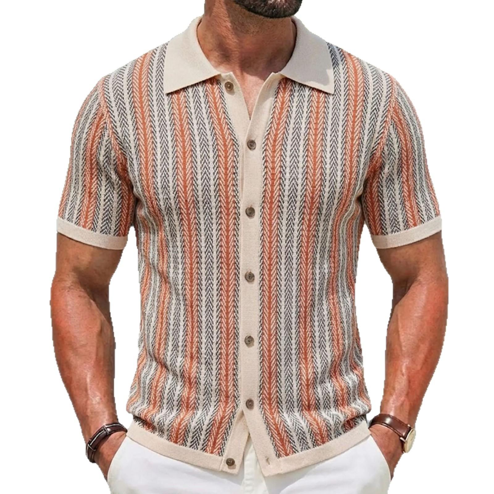 Men's Short-Sleeve Striped Knitted Cardigan Jacquard Polo Shirt 5