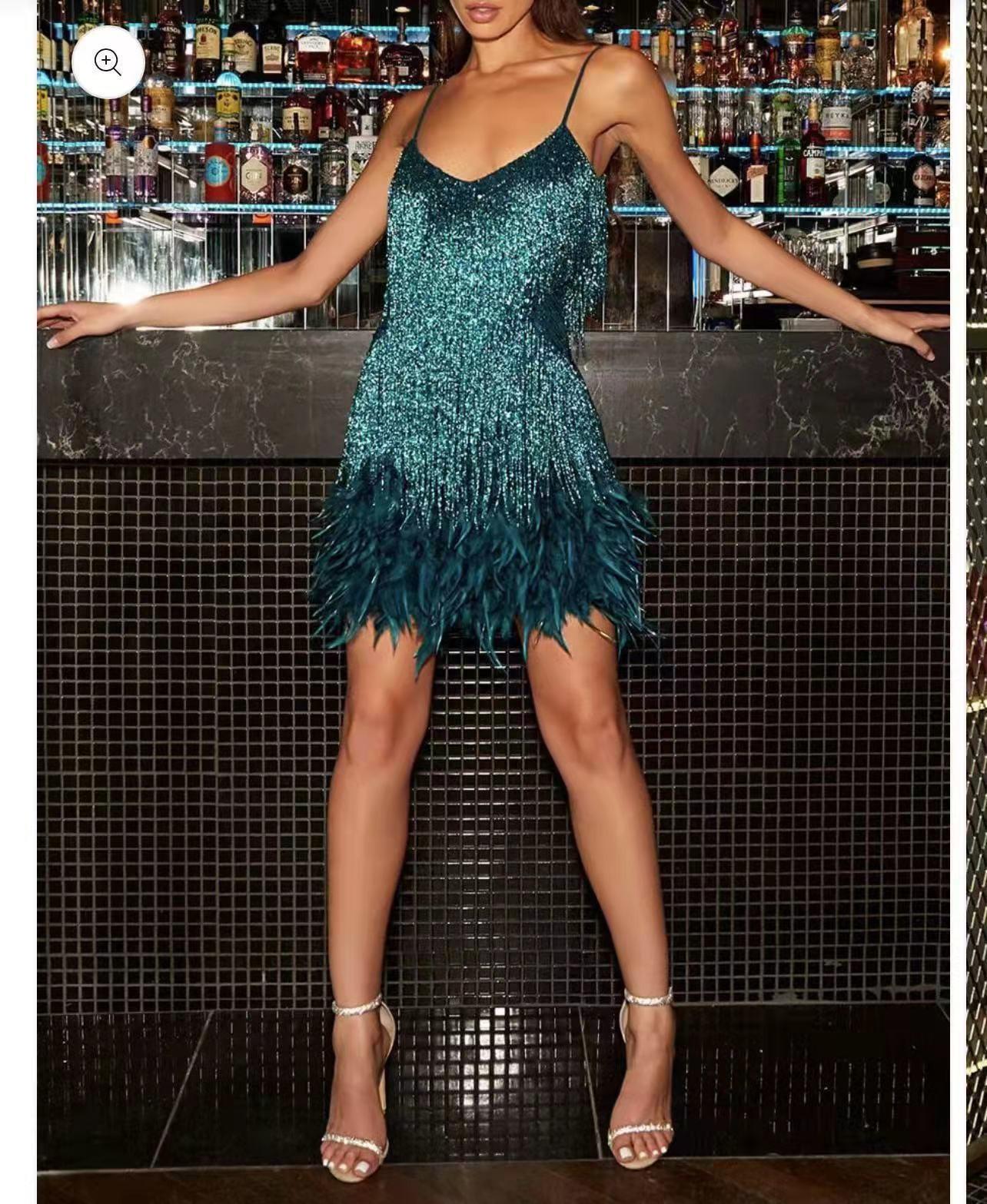 Sexy Tassel Sequins Feather Summer Mini Dress Women V Neck Spaghetti Strap Stitching Dresses Female Elegant Evening Party Club Dress 13