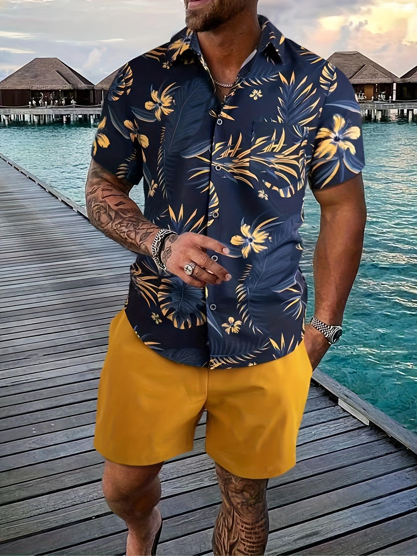 Mens Lapel Shirt And Shorts Set With 3D Print 7