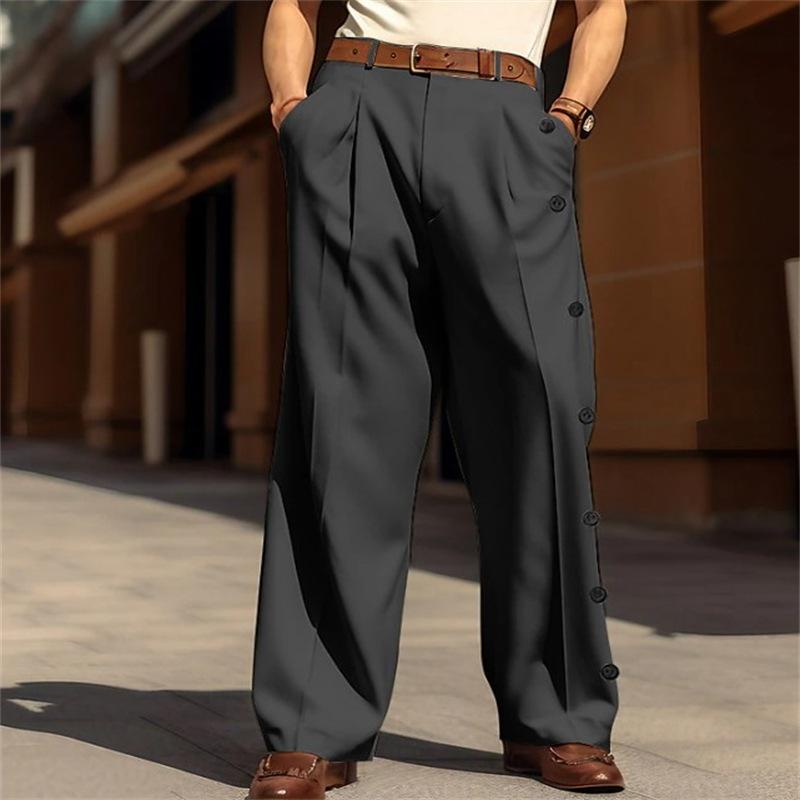 Mens Formal Solid-color Single-breasted Loose-fit Straight-leg Twill Suit Pants 7