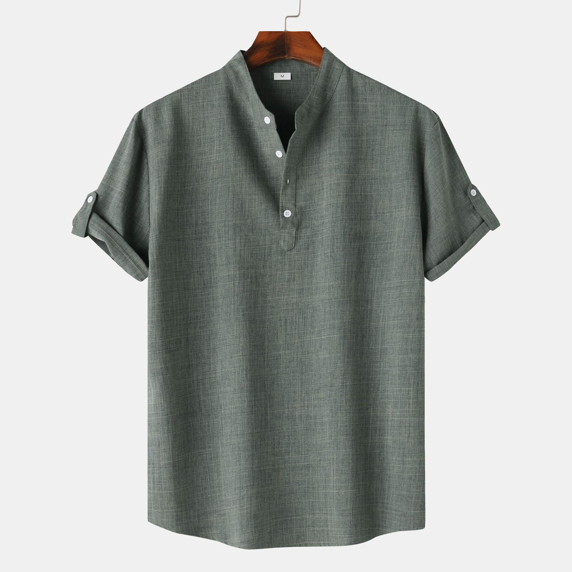 Men's Solid Color Stand Collar Short Sleeve Shirt 4