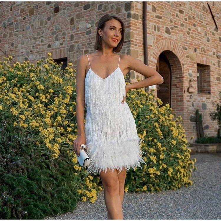 Sexy Tassel Sequins Feather Summer Mini Dress Women V Neck Spaghetti Strap Stitching Dresses Female Elegant Evening Party Club Dress 4
