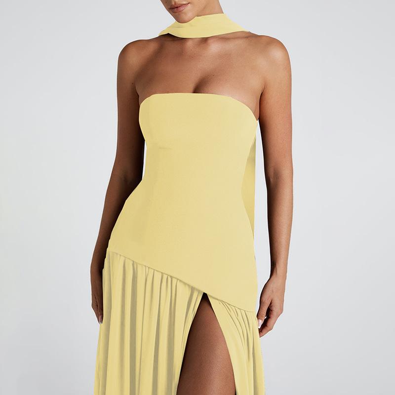 Pure Color Split Backless Elegant Streamer Dress 3