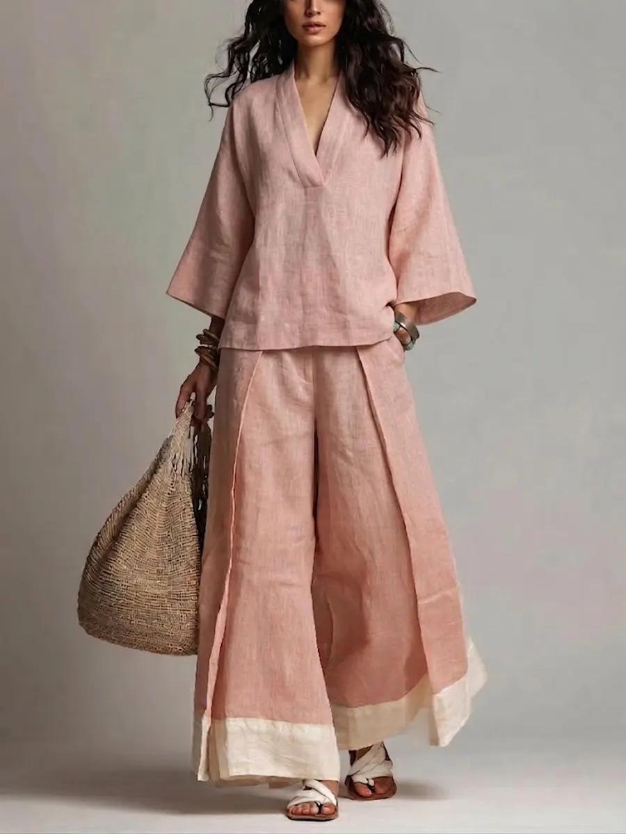 Cotton-Linen French-Style V-Neck Three-Quarter-Sleeve Shirt Contrasting-Color Wide-Leg Pants Set