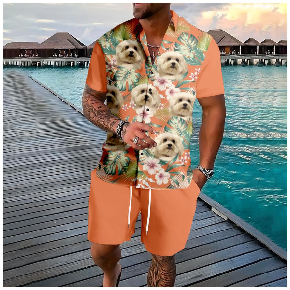 Mens Lapel Shirt And Shorts Set With 3D Print 13