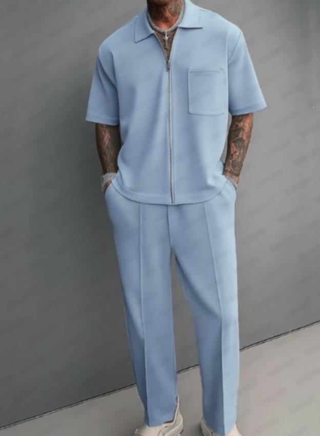Lapel-collar Shirt And Short-sleeve Mens Casual Set 7