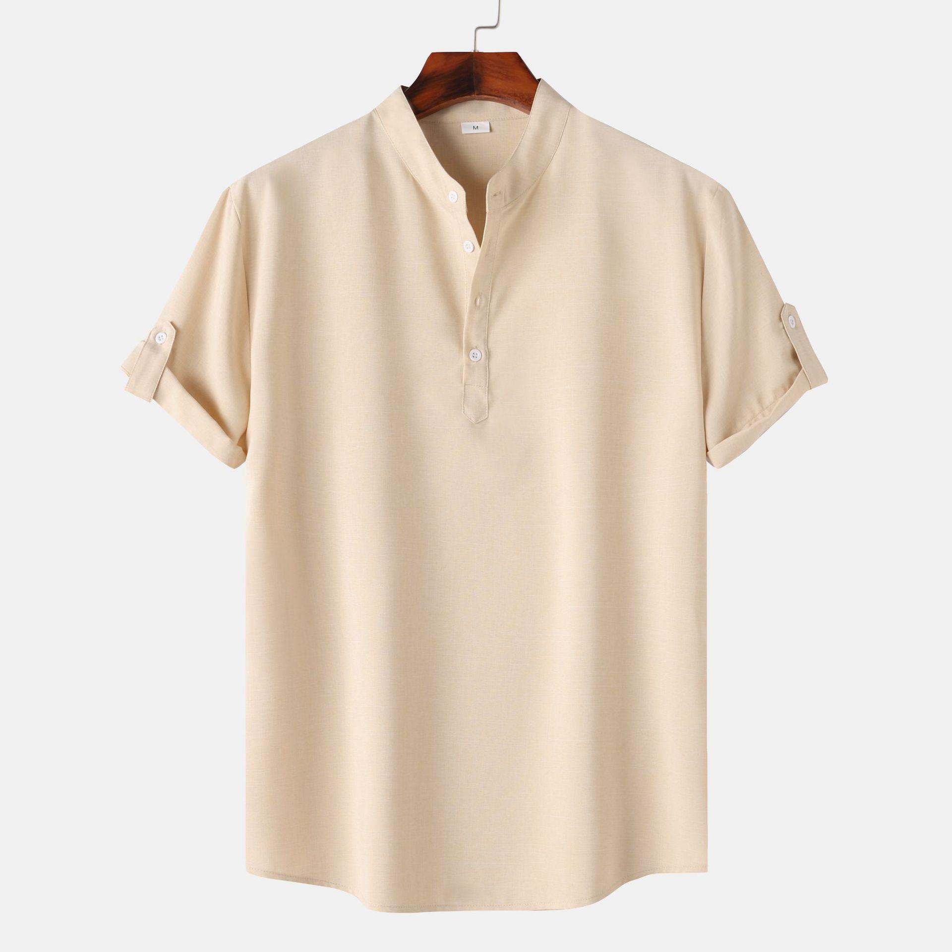Men's Solid Color Stand Collar Short Sleeve Shirt 8