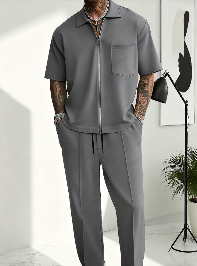 Lapel-collar Shirt And Short-sleeve Mens Casual Set 8