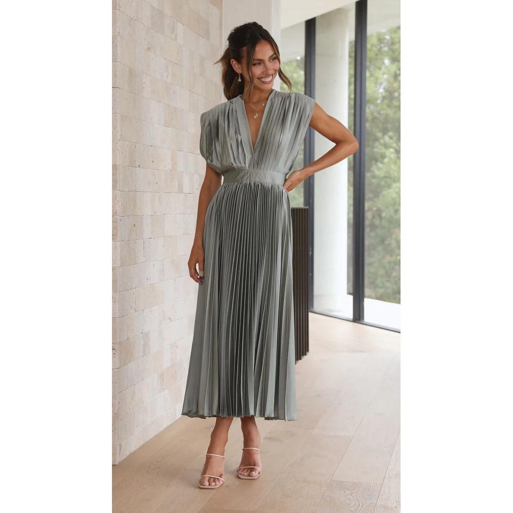Summer V-neck Pleated Dress INS Fashion Casual Loose Zip Sleeveless Dresses For Women Clothing 8