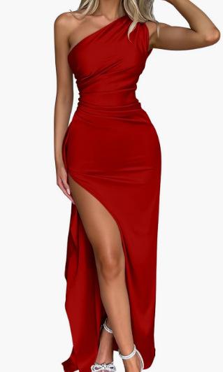 Slim-fit Solid Color One-shoulder Pleated Split Satin Dress 11
