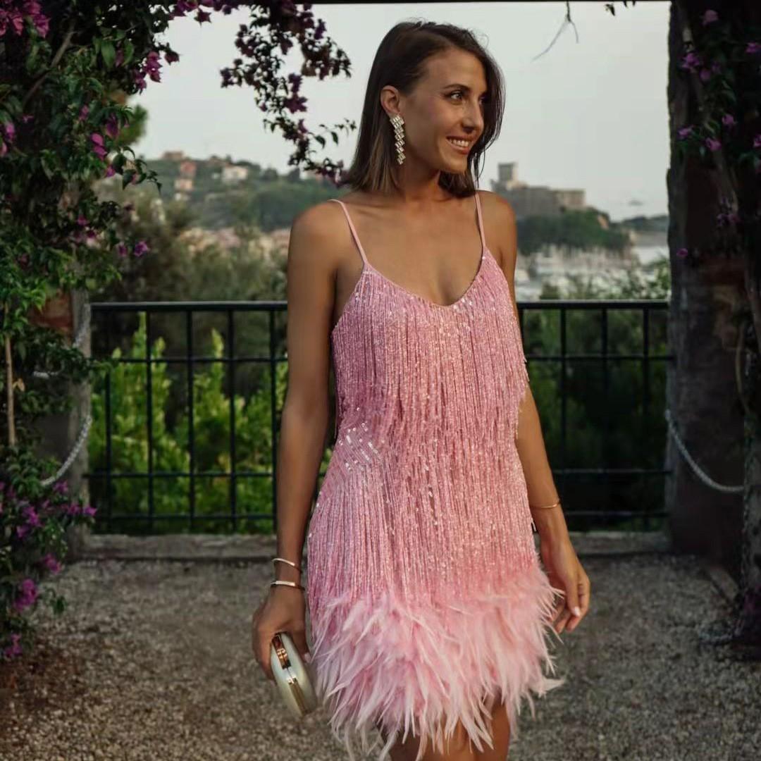 Sexy Tassel Sequins Feather Summer Mini Dress Women V Neck Spaghetti Strap Stitching Dresses Female Elegant Evening Party Club Dress 8