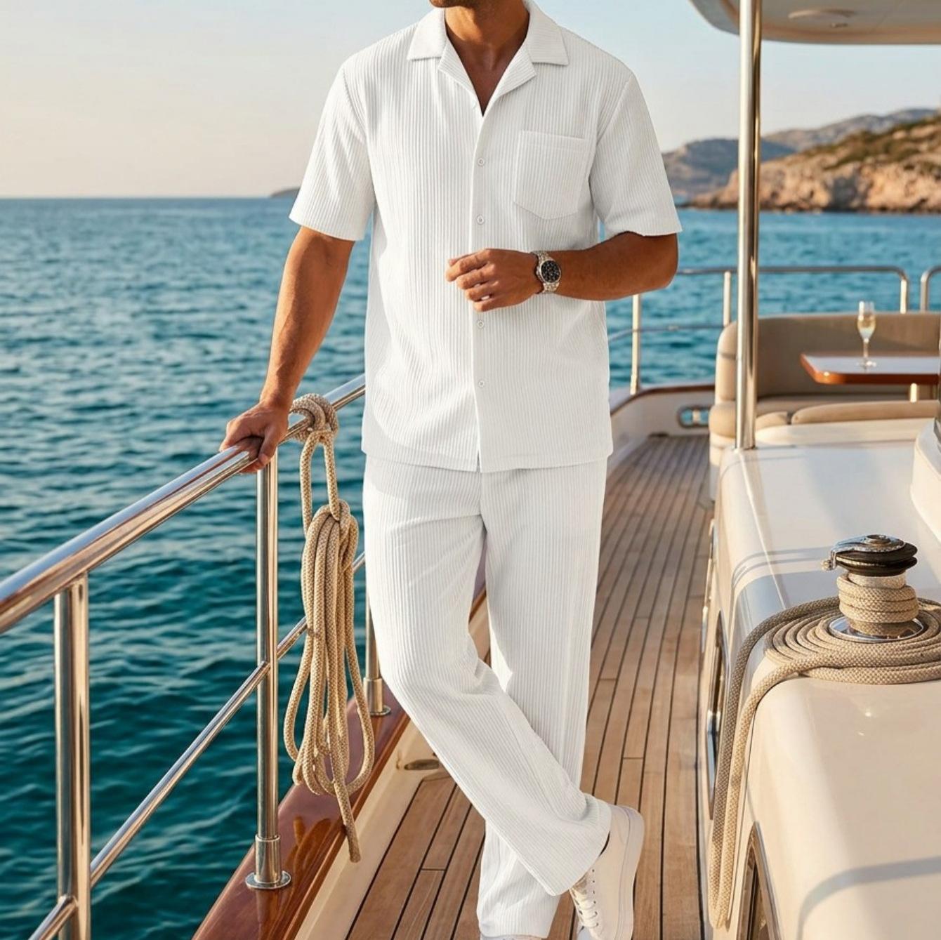 New Mens Solid Color Button Down Shirt And Trousers Set 7