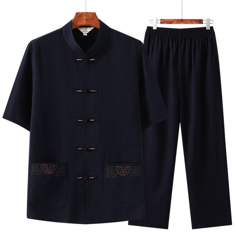 Mens Casual Summer Short-sleeve Ice-silk Shirt And Pants Set 8