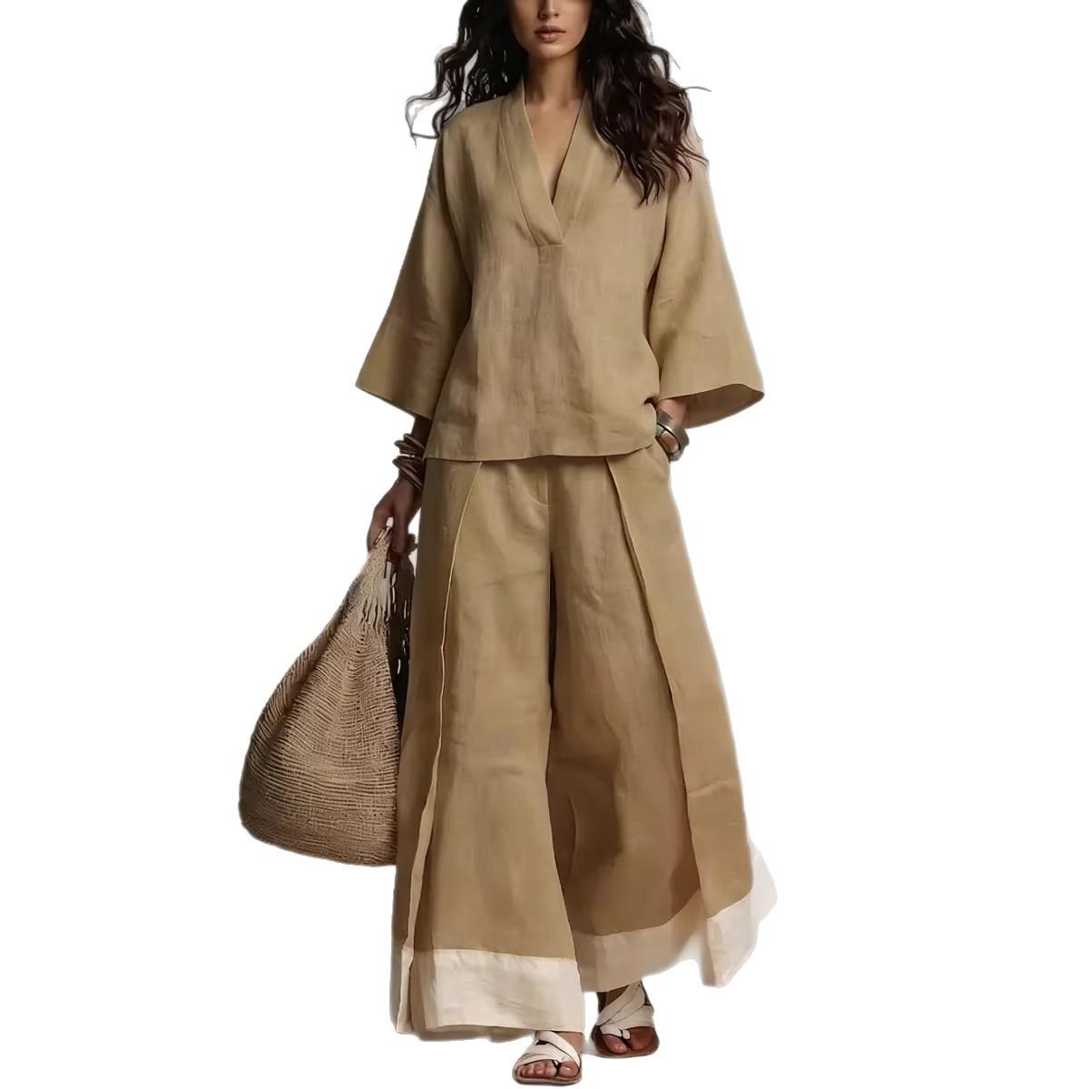 Cotton-Linen French-Style V-Neck Three-Quarter-Sleeve Shirt Contrasting-Color Wide-Leg Pants Set 5