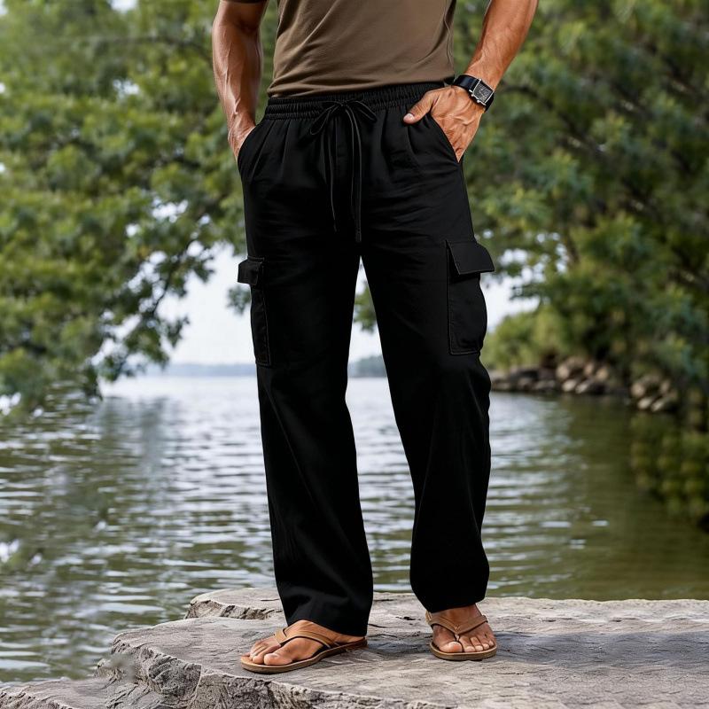 Drawstring Elastic Waist Straight-leg Solid-color Breathable Everyday Casual Mid-length Pants 6