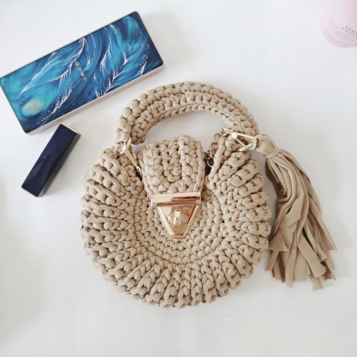 Bohemian Womens Solid-Colored Fabric-Strap Crochet Bag 4