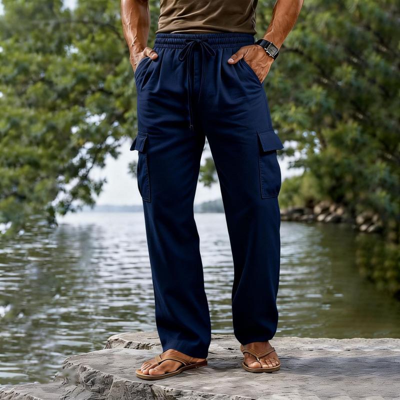 Drawstring Elastic Waist Straight-leg Solid-color Breathable Everyday Casual Mid-length Pants 7