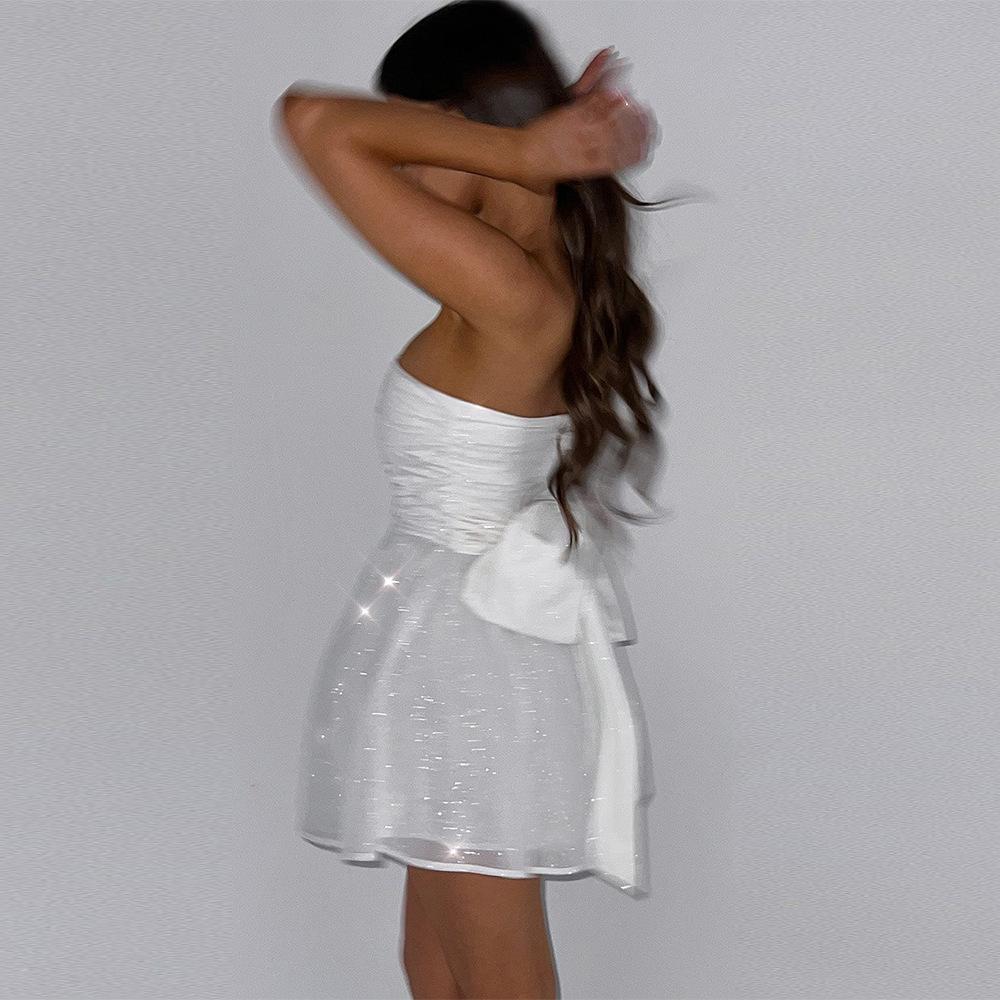 Tube Top Lace Dress With Back Bow-knot Summer Fashion Temperament Mesh Stitching Off-neck Short Skirt 3