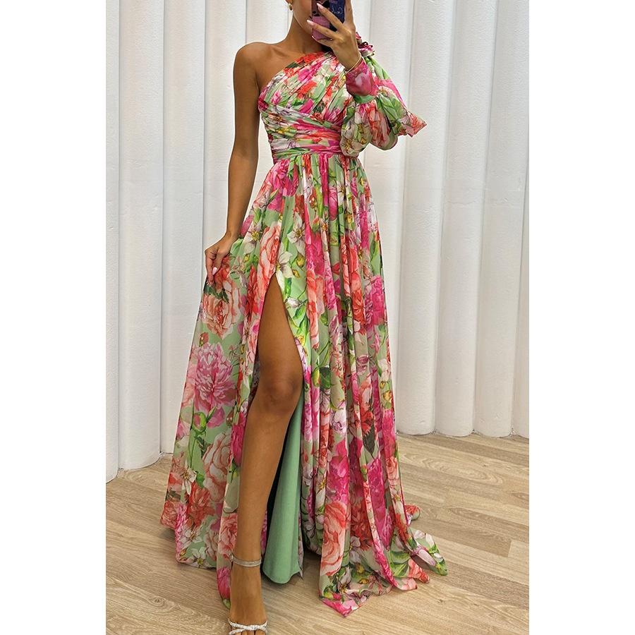 Floral Print Split Maxi Dress Fashion Sexy One-shoulder Long-sleeved Dresses Summer Beach Clothing For Women 3