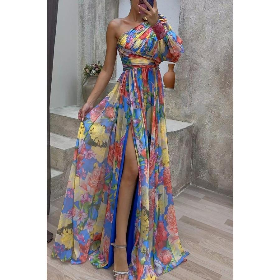 Floral Print Split Maxi Dress Fashion Sexy One-shoulder Long-sleeved Dresses Summer Beach Clothing For Women 7