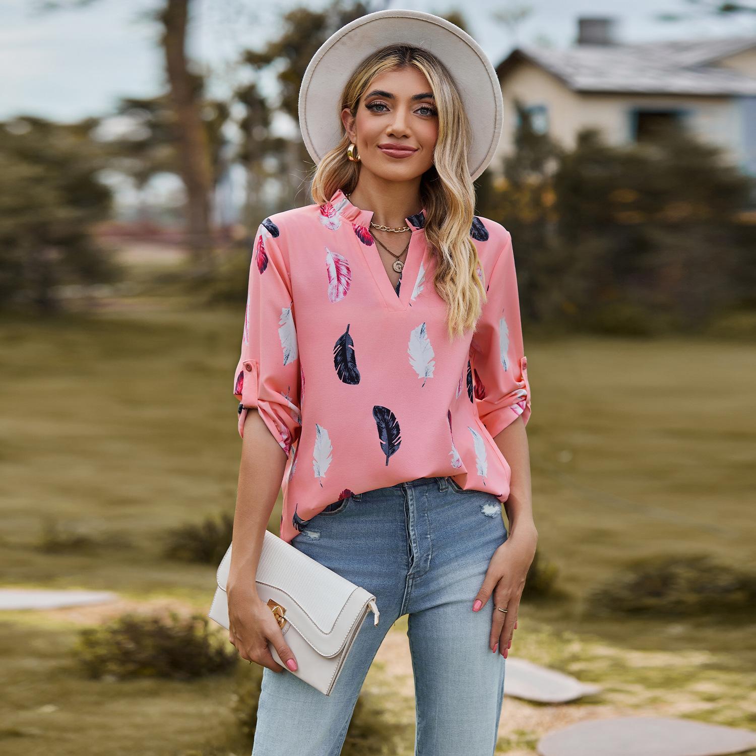 V-neck Feather Printed 34 Sleeves Loose Shirt 8