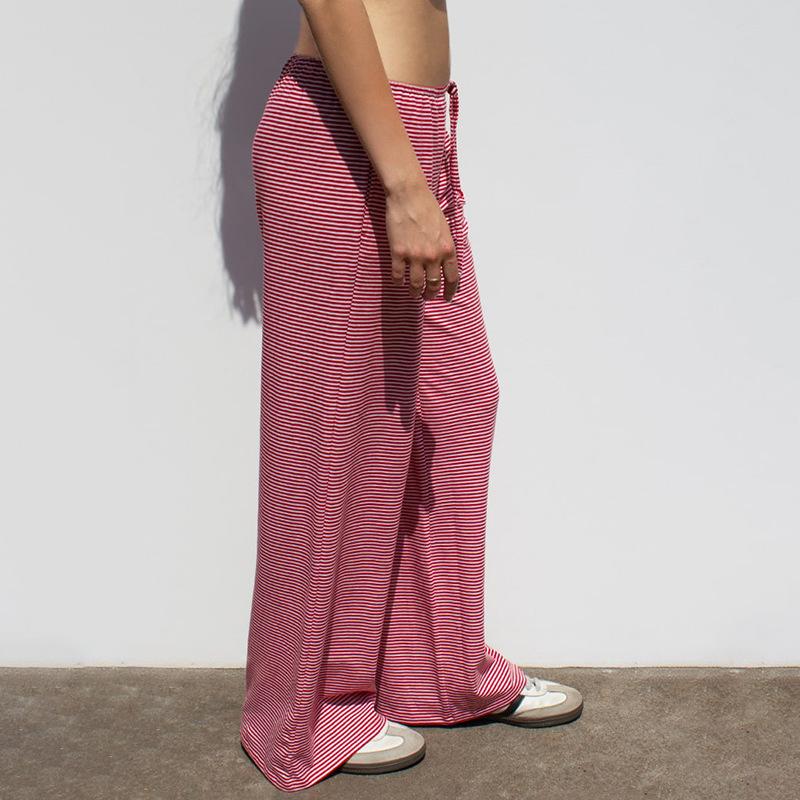 Women's Striped Print Trousers Y2K Fashion Casual Lace Up Home Straight  Wide-leg Pants 4