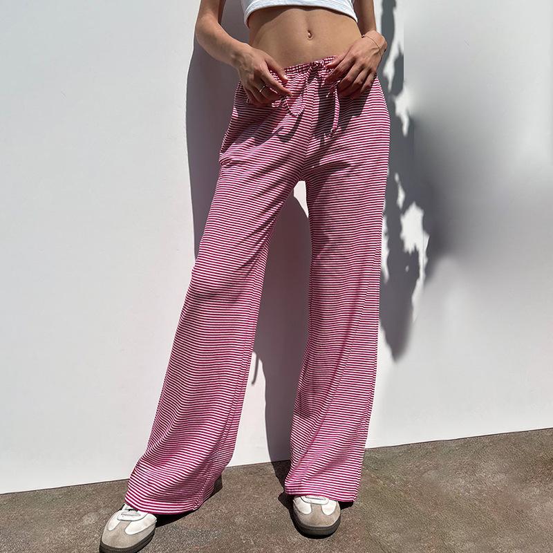 Women's Striped Print Trousers Y2K Fashion Casual Lace Up Home Straight  Wide-leg Pants 3