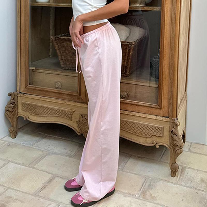 Women's Striped Print Trousers Y2K Fashion Casual Lace Up Home Straight  Wide-leg Pants 8