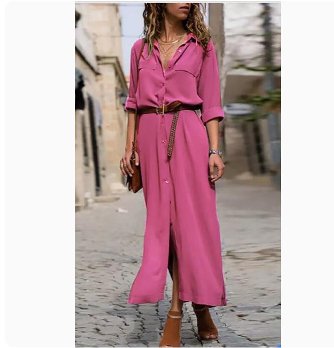 Women's Long Sleeve Skirt Button V-neck Long Dress With Belt Design 10
