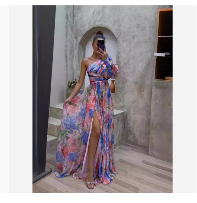 Floral Print Split Maxi Dress Fashion Sexy One-shoulder Long-sleeved Dresses Summer Beach Clothing For Women 8