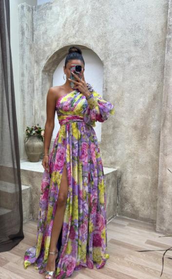 Floral Print Split Maxi Dress Fashion Sexy One-shoulder Long-sleeved Dresses Summer Beach Clothing For Women 5