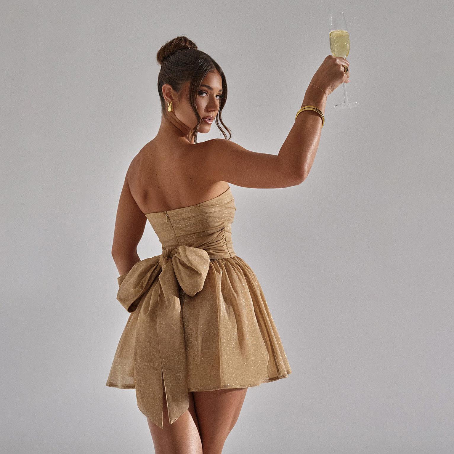 Tube Top Lace Dress With Back Bow-knot Summer Fashion Temperament Mesh Stitching Off-neck Short Skirt 11