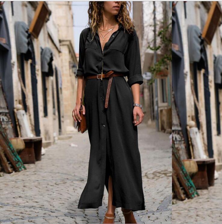 Women's Long Sleeve Skirt Button V-neck Long Dress With Belt Design