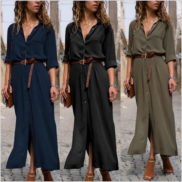 Women's Long Sleeve Skirt Button V-neck Long Dress With Belt Design