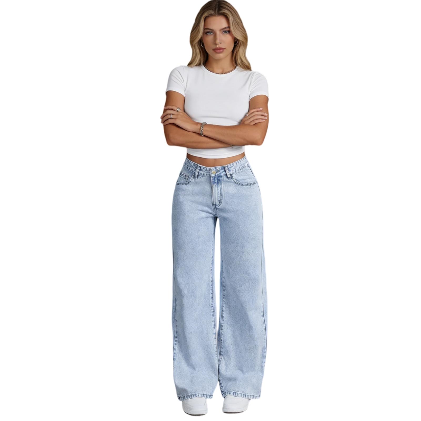 Women's High-Waisted Non-Stretch Wide Leg Jeans, Light Wash Straight Leg Denim Pants