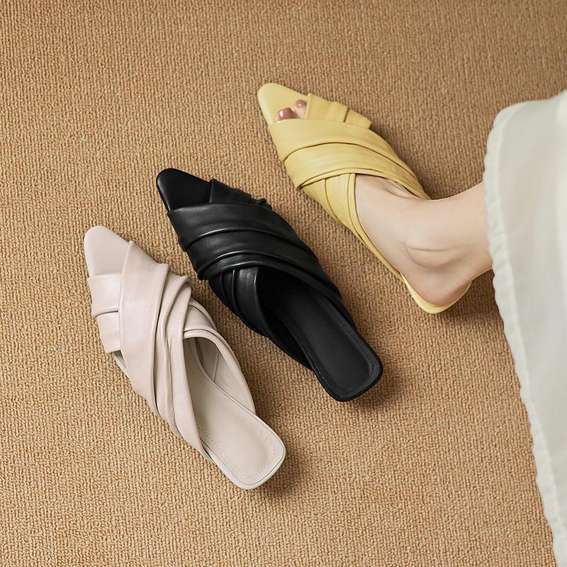 Women's Ruched Lambskin Slide Sandals, Square Toe Handmade Leather Flat Mules