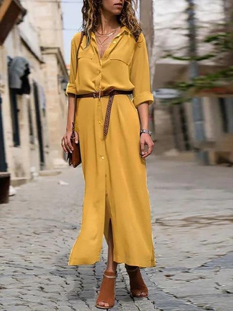 Women's Long Sleeve Skirt Button V-neck Long Dress With Belt Design
