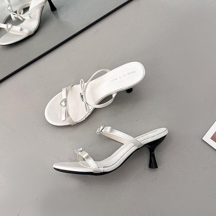 French Polka Dot Bow High-heeled Shoes For Women, White Round Toe Straight Strap Sandals For Women