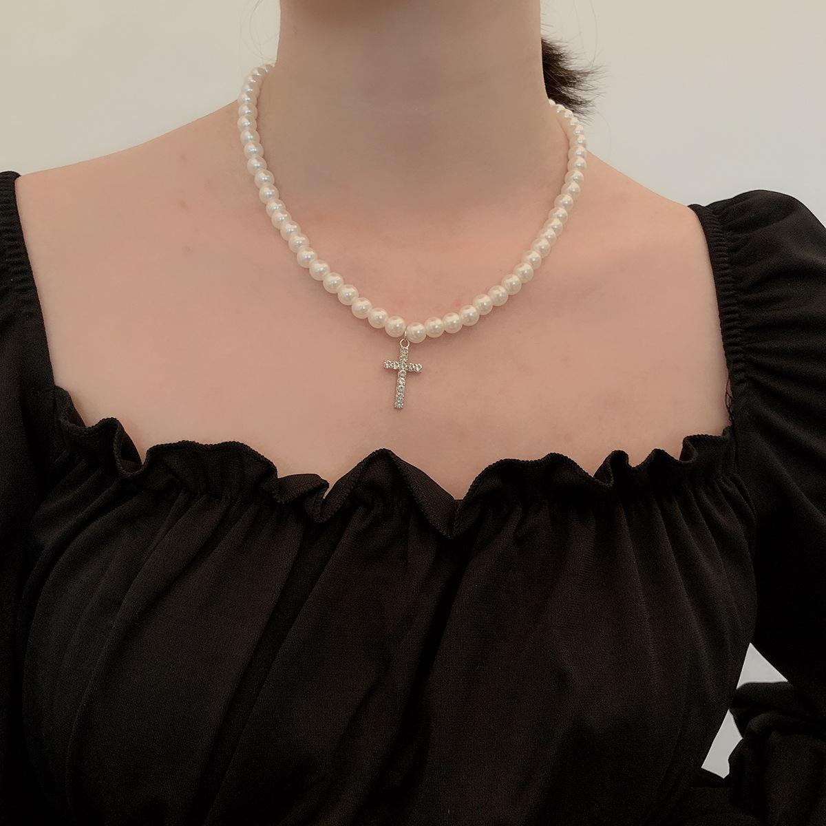 Pearl Clavicle Vintage Diamond Cross Pendant Necklace
