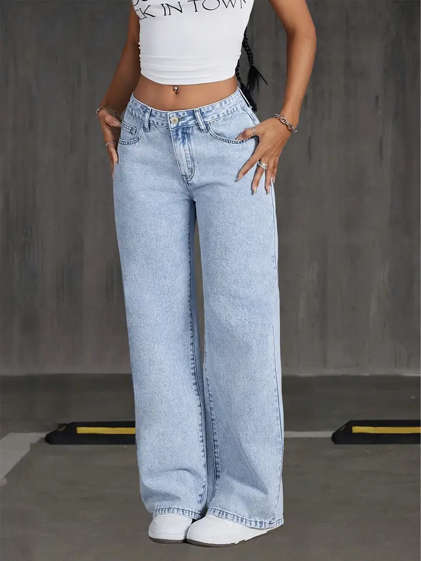 Women's High-Waisted Non-Stretch Wide Leg Jeans, Light Wash Straight Leg Denim Pants