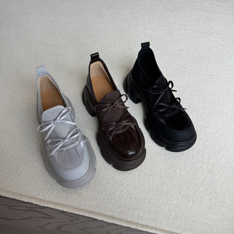Soft Leather Vintage Round Toe Platform Loafers Women Bow Mary Jane Leather Shoes Casual Flats