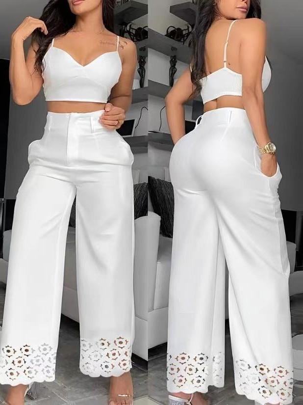 Women's Solid Cami Top And High Waisted Cutout Wide Leg Pants Set, Casual Two-Piece Outfit