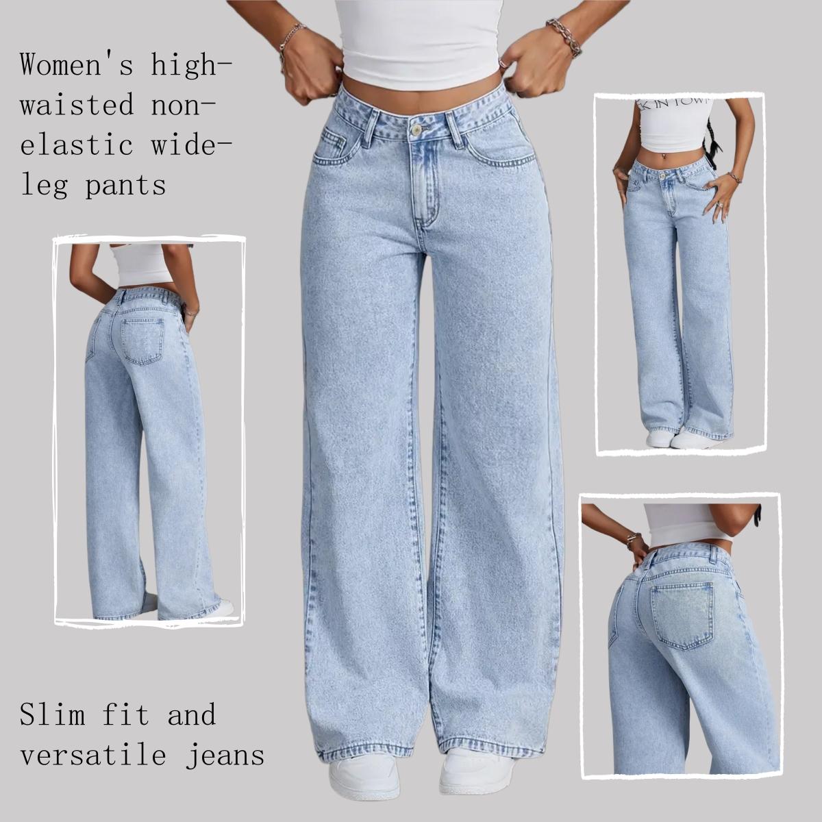 Women's High-Waisted Non-Stretch Wide Leg Jeans, Light Wash Straight Leg Denim Pants