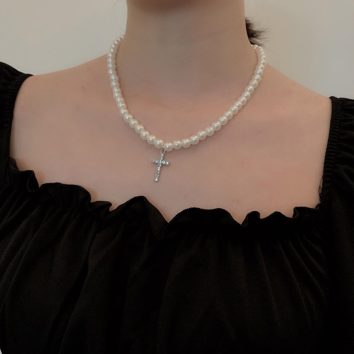 Pearl Clavicle Vintage Diamond Cross Pendant Necklace