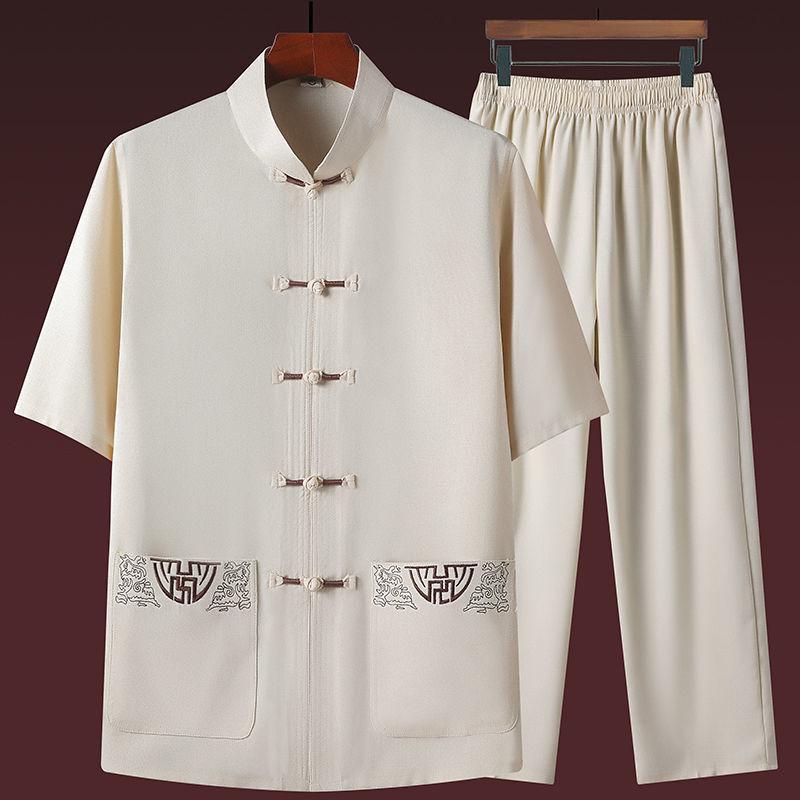 Mens Casual Summer Short-sleeve Ice-silk Shirt And Pants Set