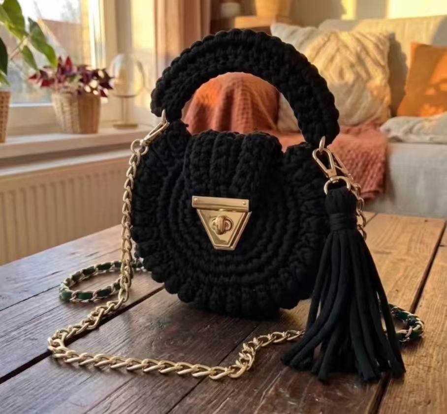 Bohemian Womens Solid-Colored Fabric-Strap Crochet Bag