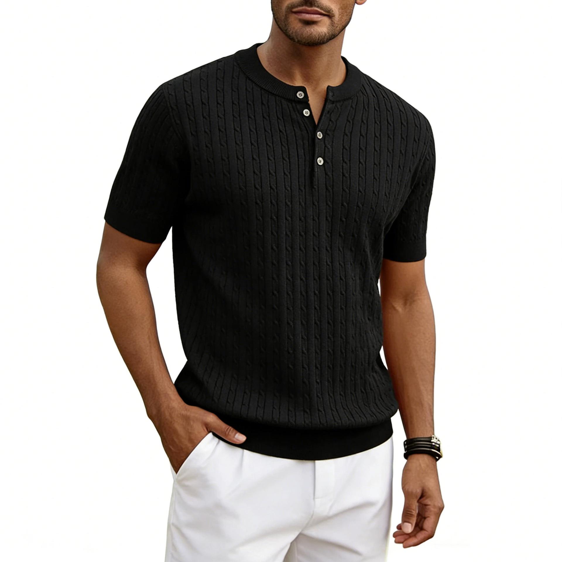 Men's Henry Collar Knit Sweater Short-sleeve T-shirt