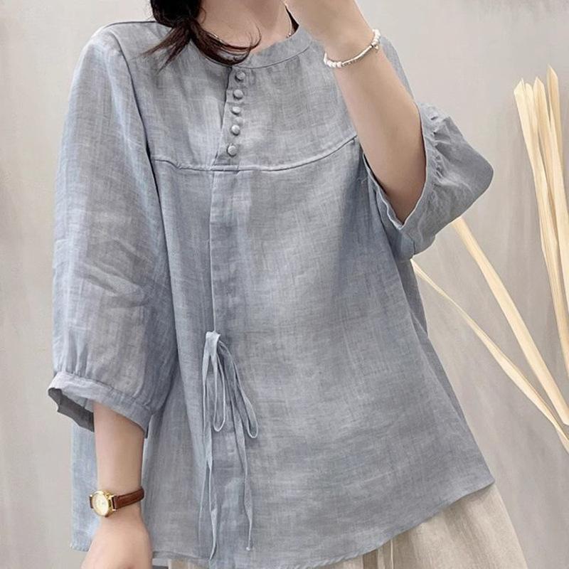 Five-point Solid-color Lace-up Short-sleeve Blouse Shirt