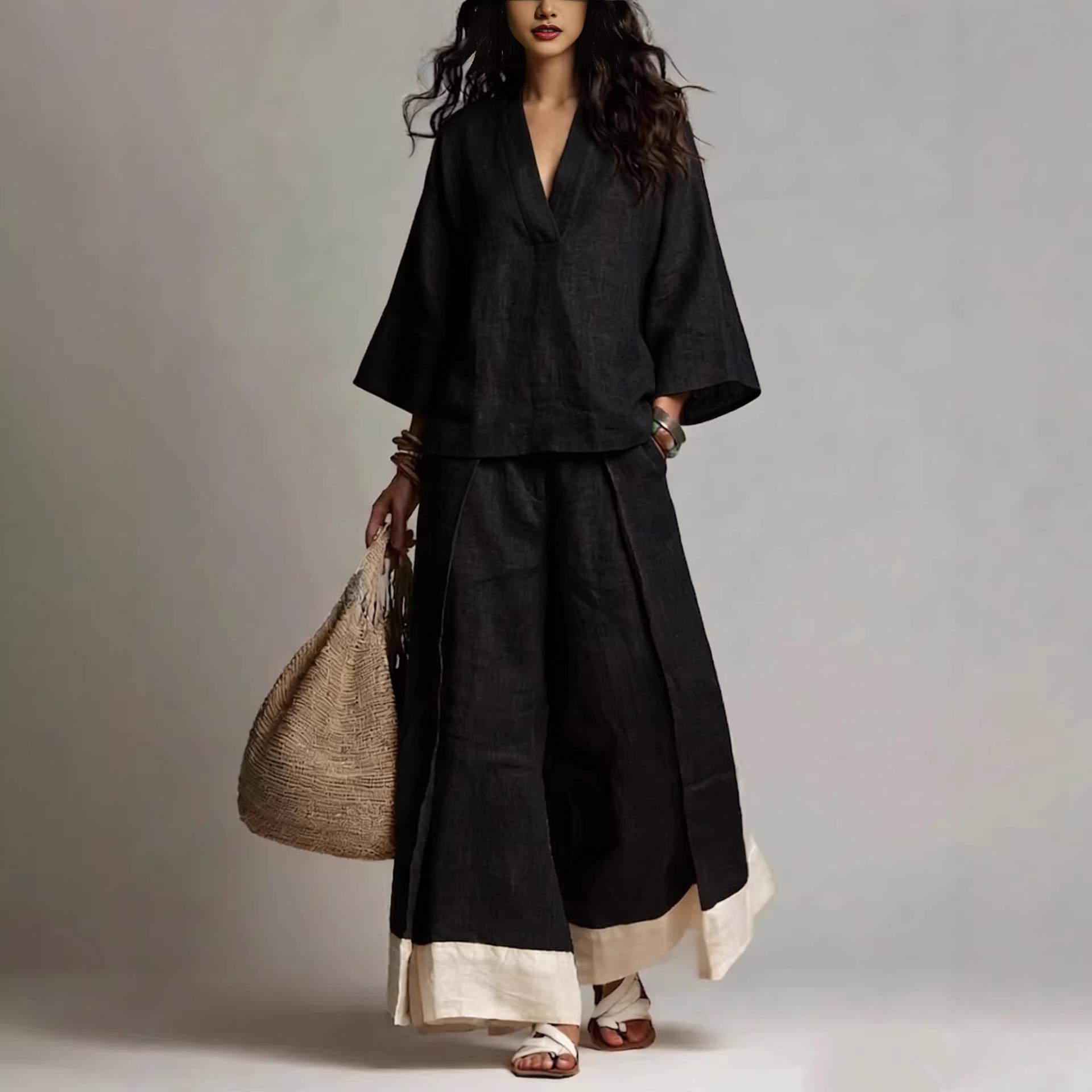 Cotton-Linen French-Style V-Neck Three-Quarter-Sleeve Shirt Contrasting-Color Wide-Leg Pants Set